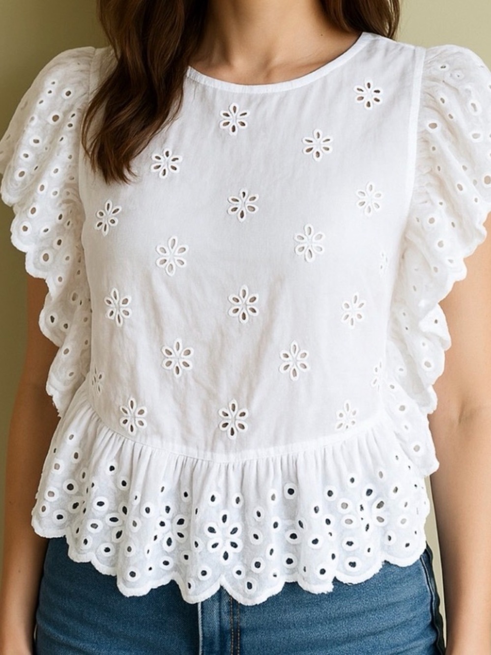 UNSUBSCRIBED Womens‎ Medium Eyelet Ruffle Boho Embroidered Top w/Lace Up Sides